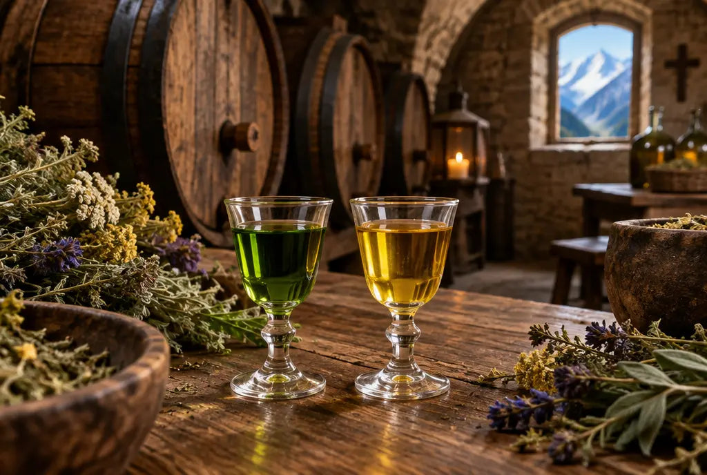 Verres de liqueur verte et jaune dans une cave de monastère