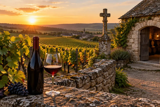 Vignoble de grand cru en Bourgogne et verre de vin rouge