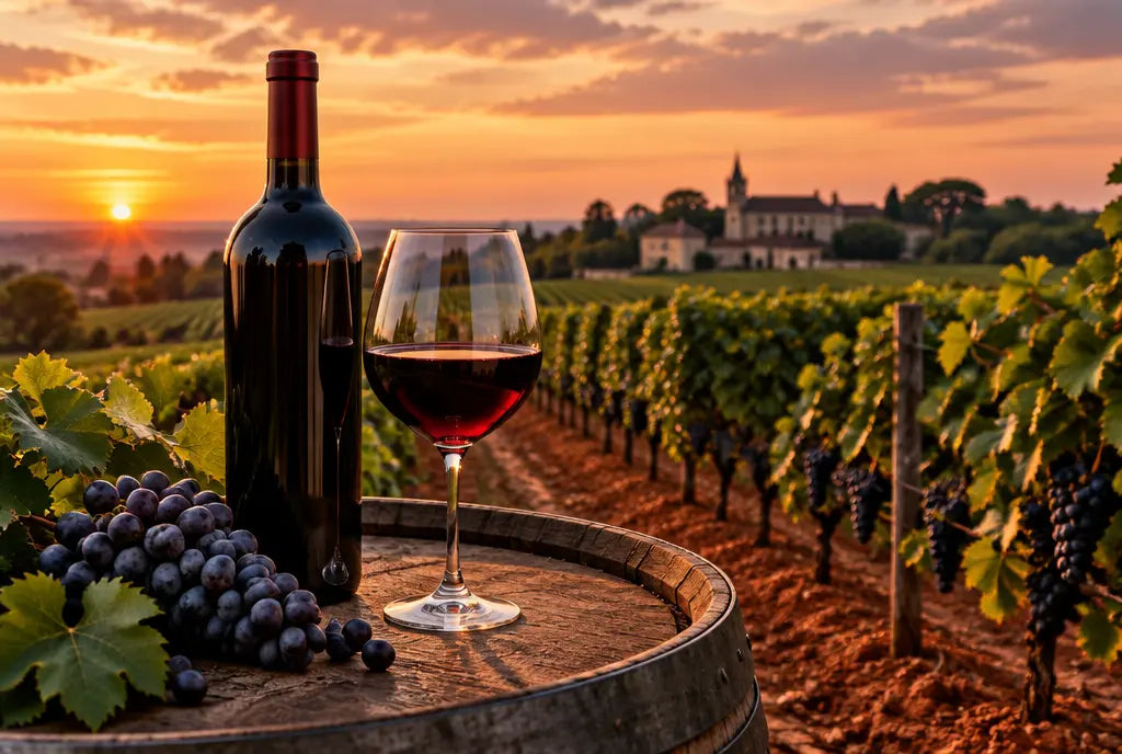 Vignoble de Pomerol au coucher du soleil et verre de vin rouge