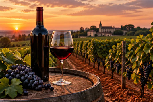 Vignoble de Pomerol au coucher du soleil et verre de vin rouge