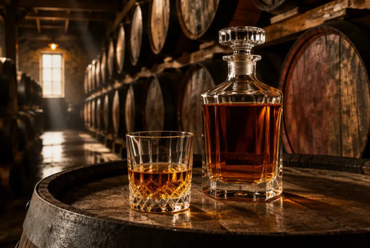 Verre de single malt et fûts de sherry dans un chai écossais