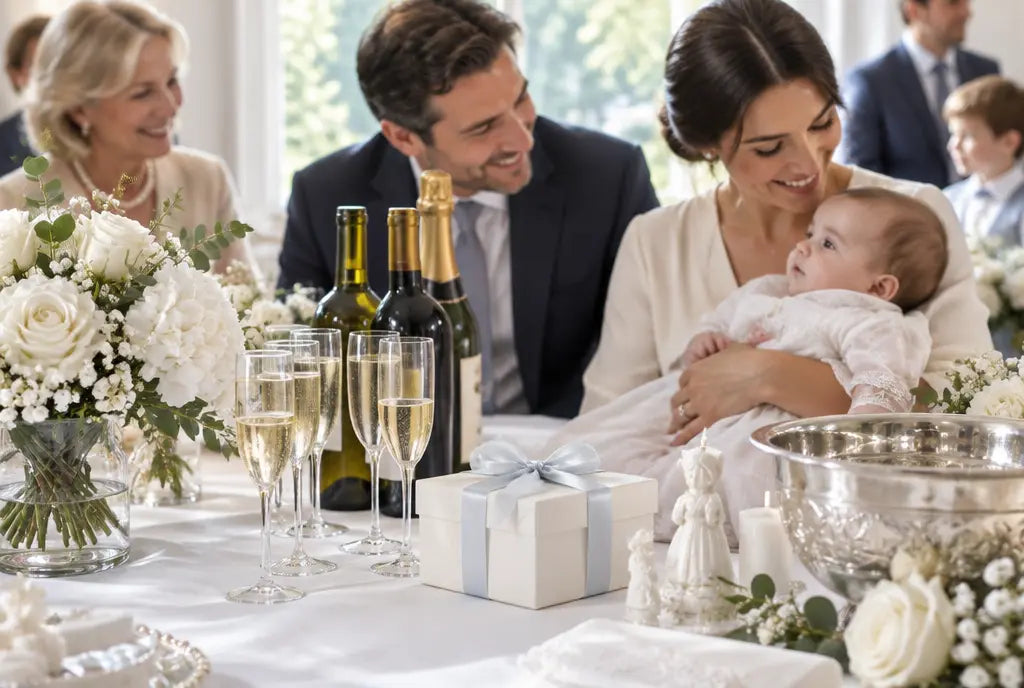 Table de baptême avec vin, champagne et fleurs blanches