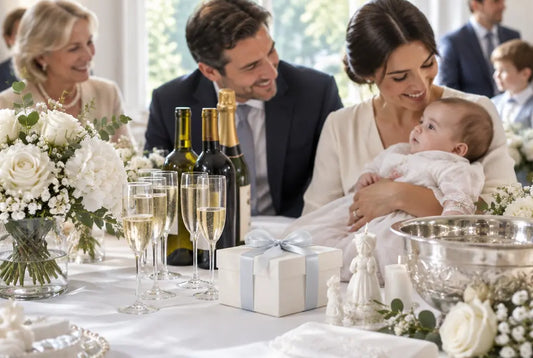 Table de baptême avec vin, champagne et fleurs blanches
