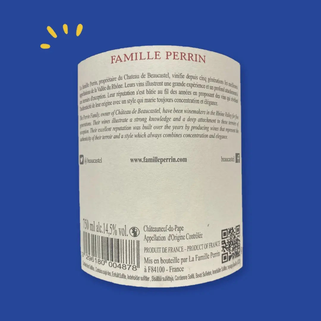 Contre-étiquette Châteauneuf-du-Pape Famille Perrin, propriétaire du Château de Beaucastel, 14,5 % vol.