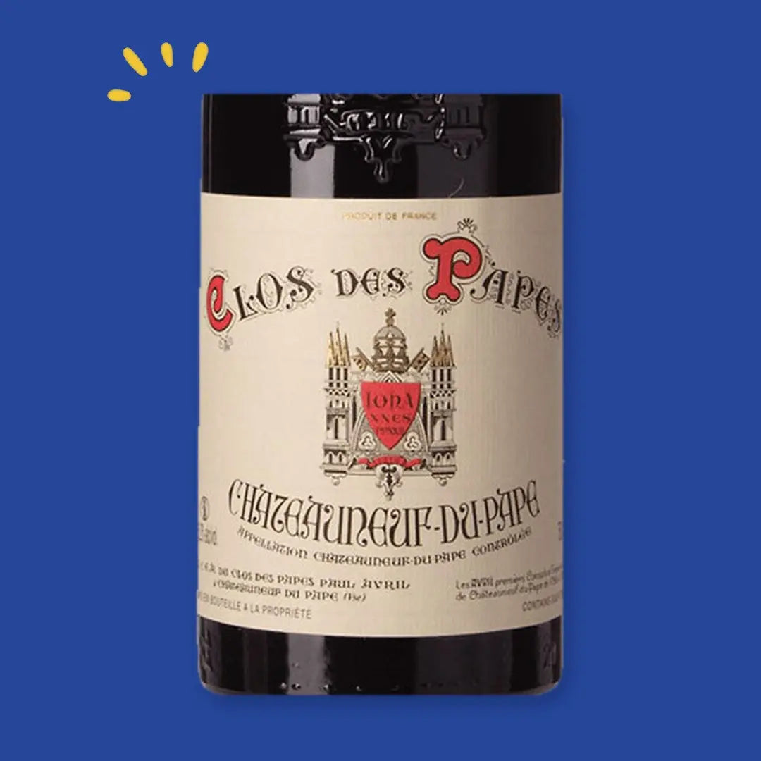 Bouteille Clos des Papes, Châteauneuf-du-Pape, détail de l'étiquette en relief