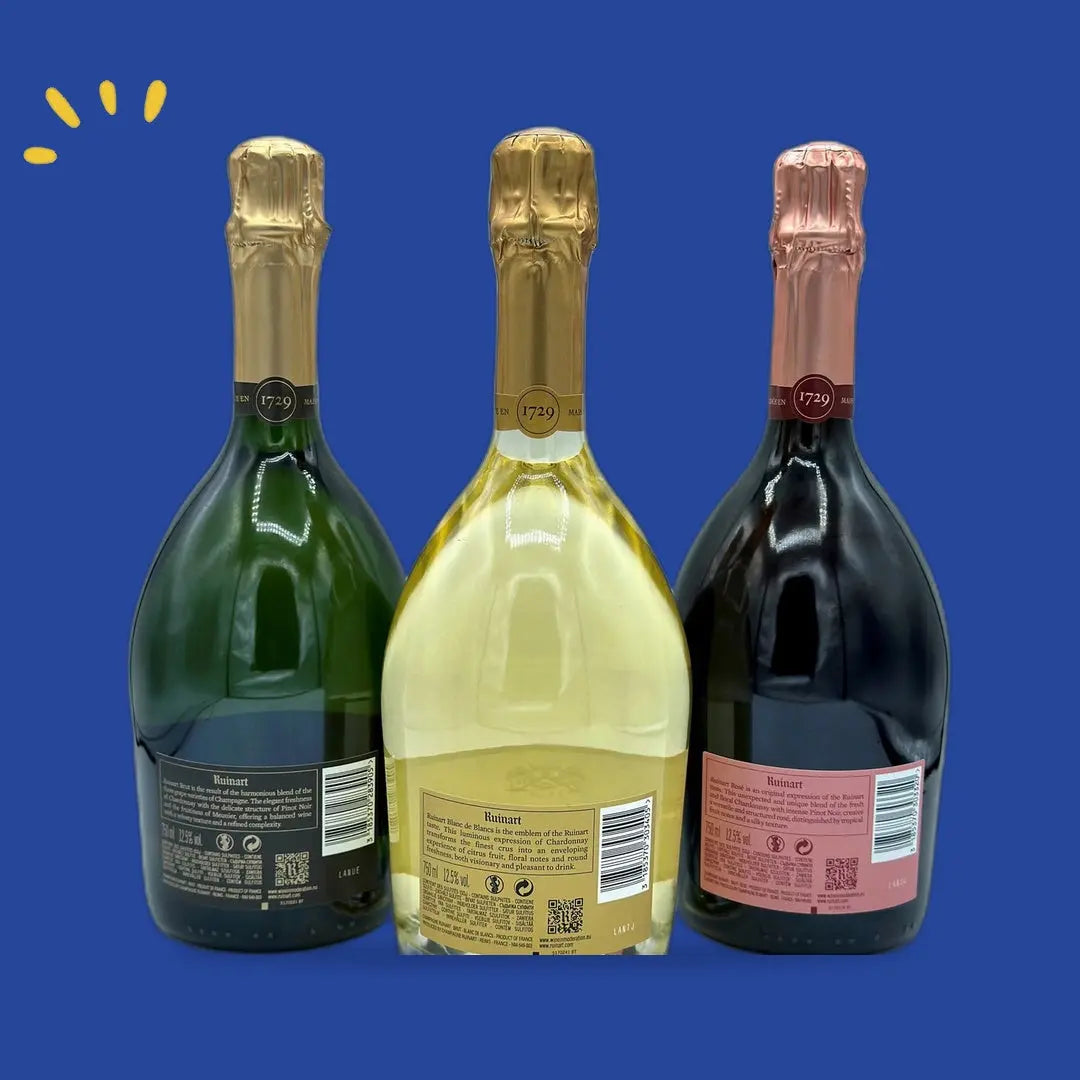 Dos des bouteilles Ruinart Brut, Blanc de Blancs et Rosé avec contre-étiquettes
