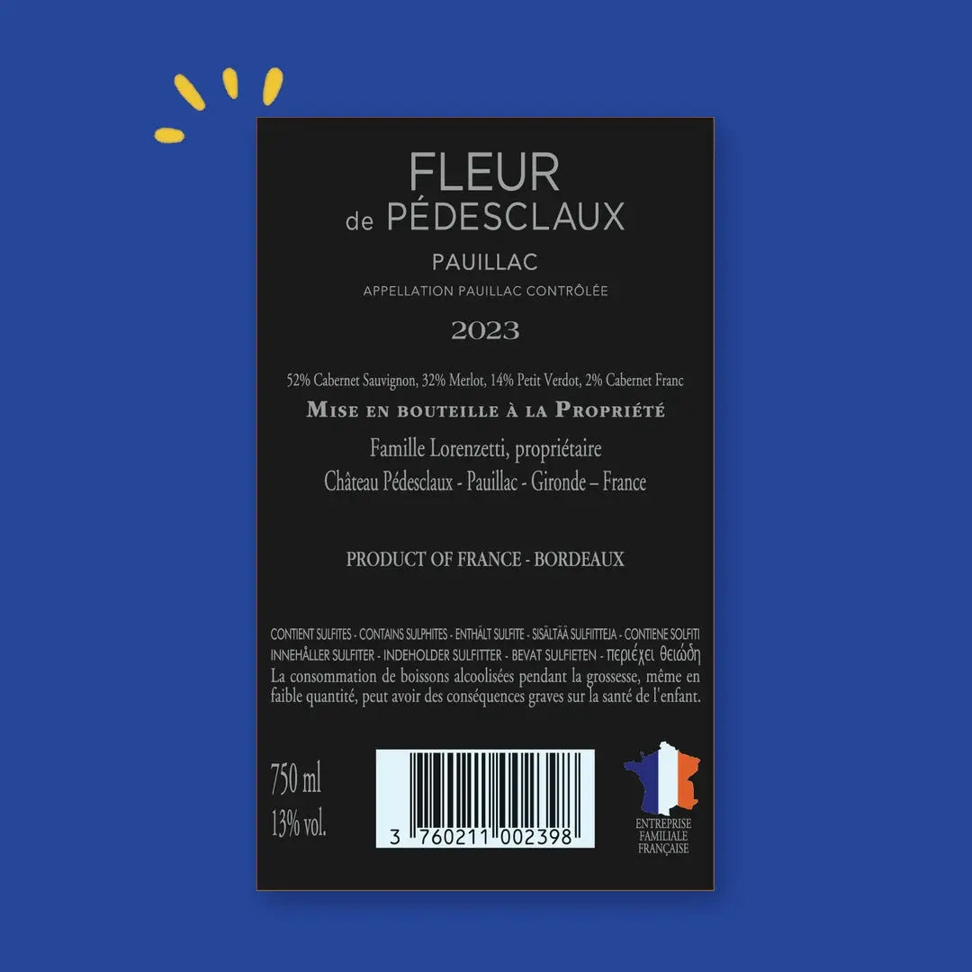 Contre-étiquette Fleur de Pédesclaux, Pauillac, Famille Lorenzetti