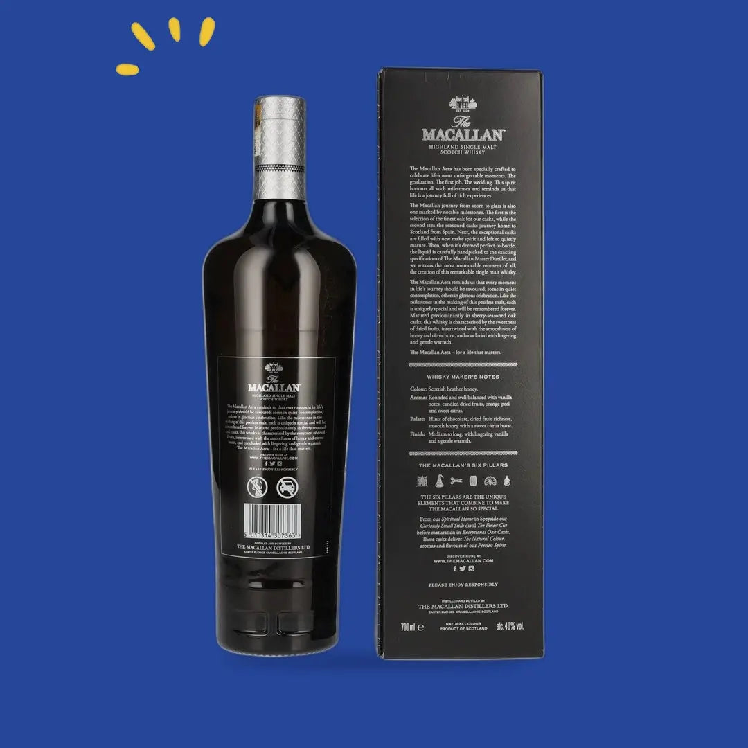 The Macallan Aera, dos de la bouteille et de l'étui