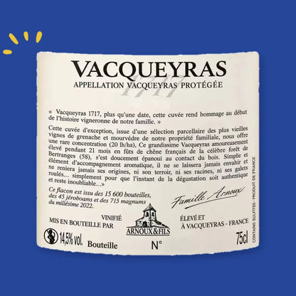 Contre-étiquette Vacqueyras 1717 Arnoux & Fils, vieilles vignes de grenache et mourvèdre, 21 mois en fûts de chêne