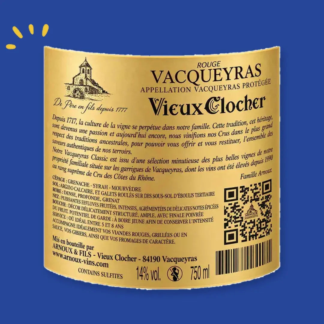 Contre-étiquette Vacqueyras Vieux Clocher rouge, grenache, syrah, mourvèdre, 14 % vol.